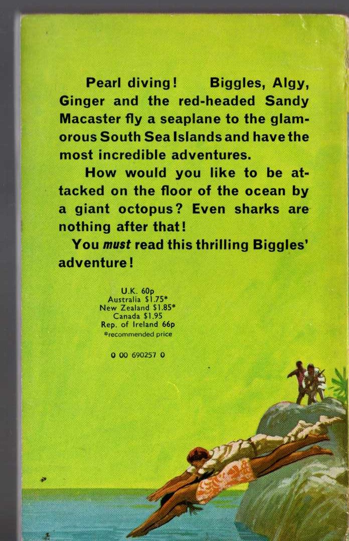 Captain W.E. Johns  BIGGLES IN THE SOUTH SEAS magnified rear book cover image