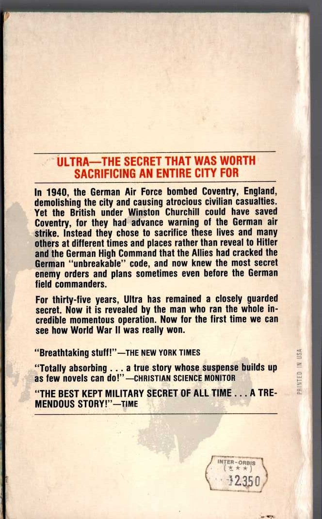 F.W. Winterbotham  THE ULTRA SECRET magnified rear book cover image