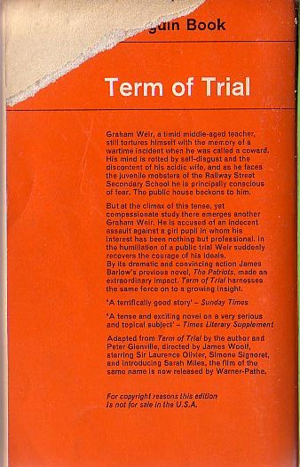 James Barlow  TERM OF TRIAL (Film tie-in: Laurence Olivier) magnified rear book cover image