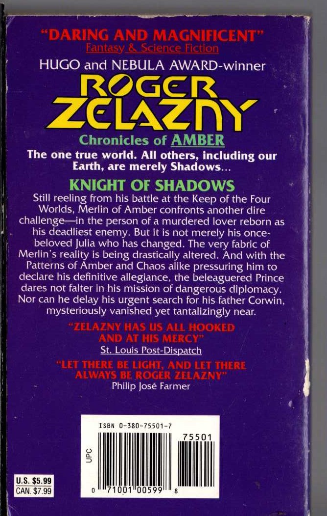 Roger Zelazny  KNIGHT OF SHADOWS magnified rear book cover image