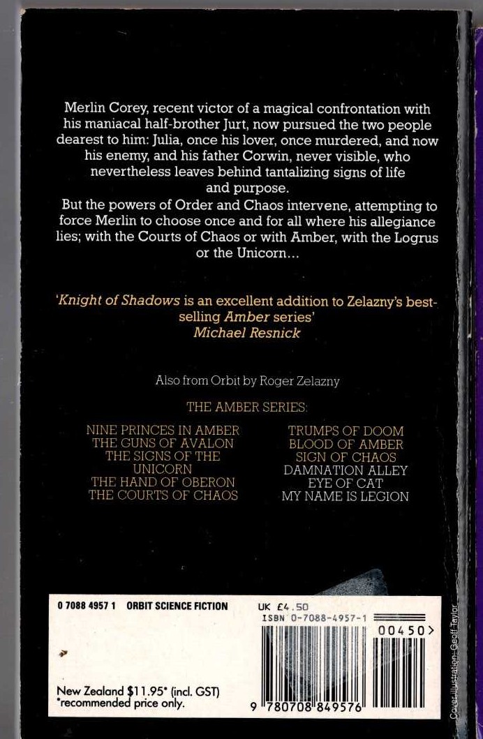 Roger Zelazny  KNIGHT OF SHADOWS magnified rear book cover image