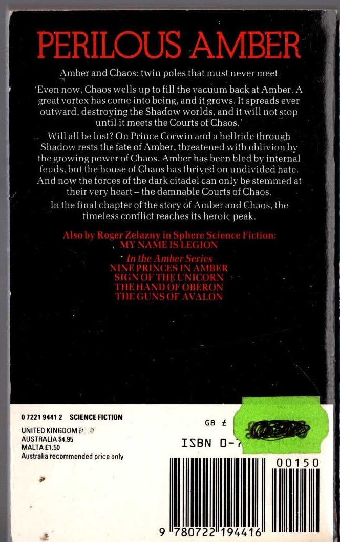 Roger Zelazny  THE COURTS OF CHAOS magnified rear book cover image