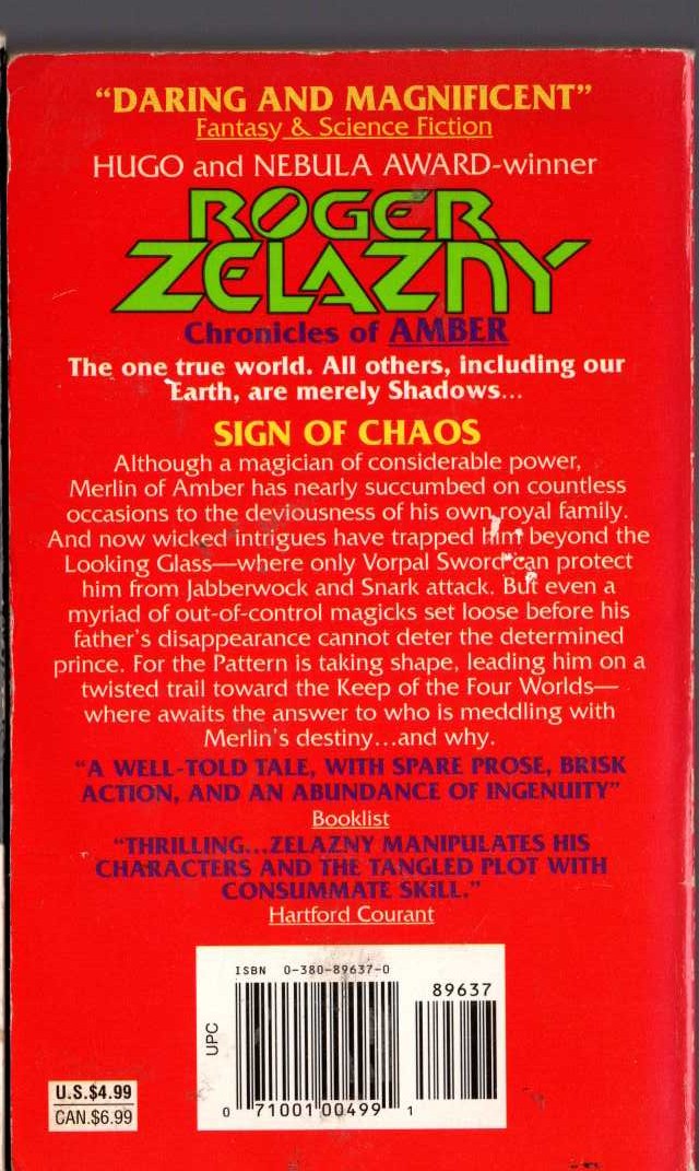 Roger Zelazny  SIGN OF CHAOS magnified rear book cover image