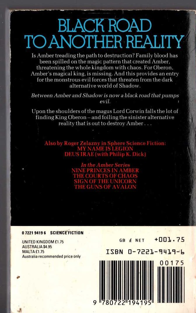Roger Zelazny  THE HAND OF OBERON magnified rear book cover image