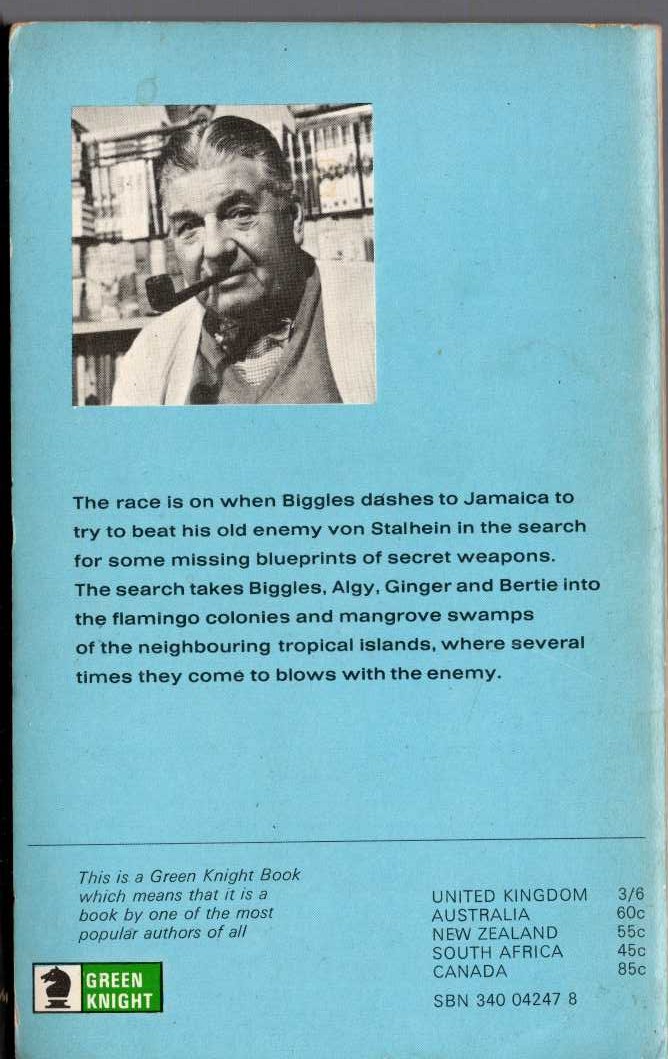 Captain W.E. Johns  BIGGLES IN THE BLUE magnified rear book cover image