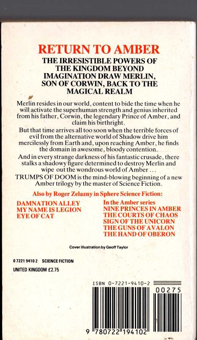 Roger Zelazny  TRUMPS OF DOOM magnified rear book cover image