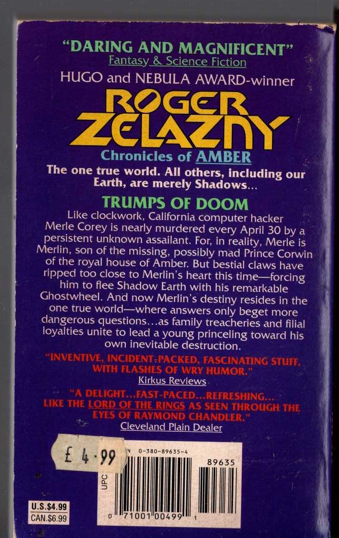 Roger Zelazny  TRUMPS OF DOOM magnified rear book cover image