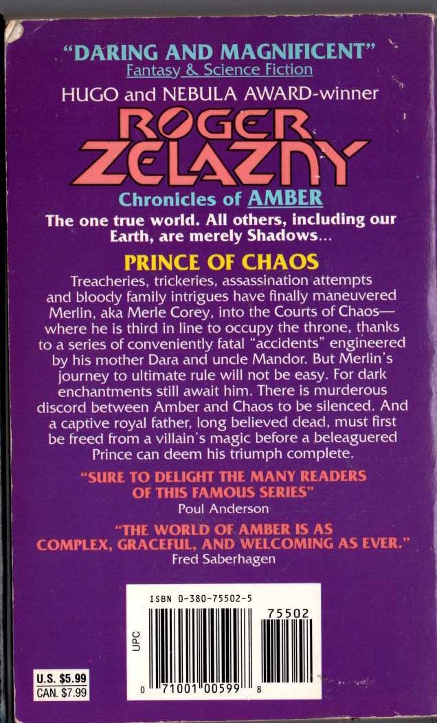 Roger Zelazny  PRINCE OF CHAOS magnified rear book cover image