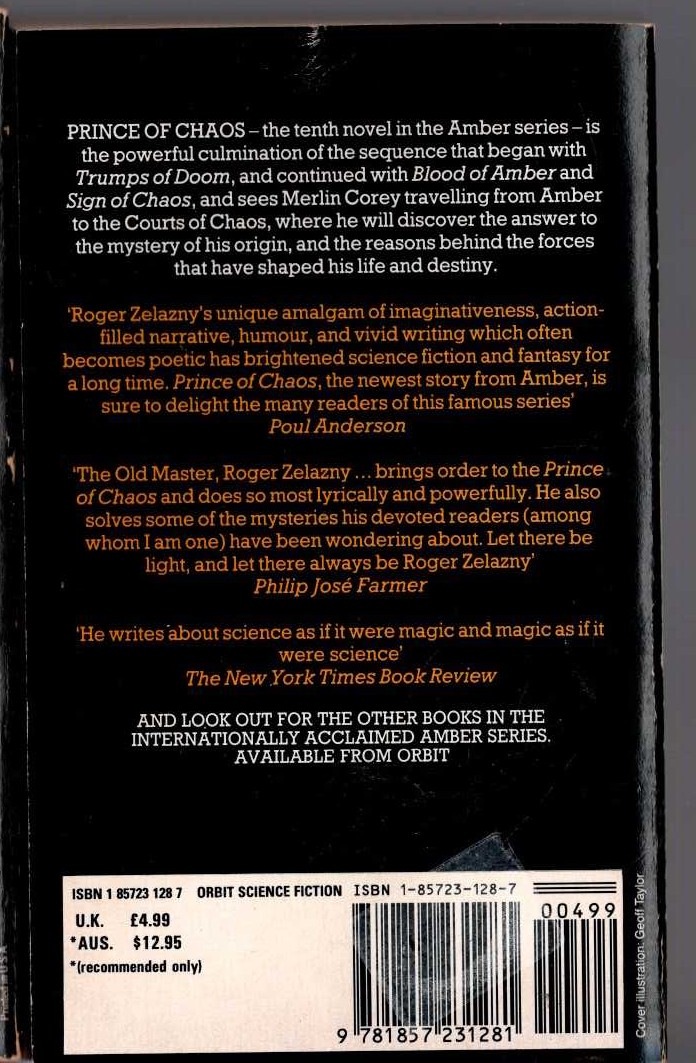 Roger Zelazny  PRINCE OF CHAOS magnified rear book cover image