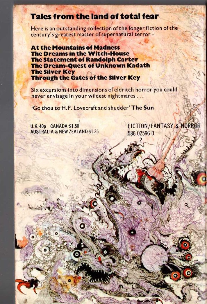 H.P. Lovecraft  AT THE MOUNTAINS OF MADNESS and other novels of terror magnified rear book cover image