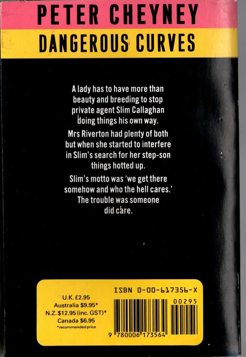 Peter Cheyney  DANGEROUS CURVES magnified rear book cover image