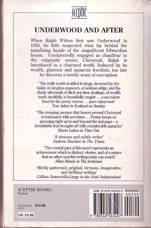 Ronald Frame  UNDERWOOD AND AFTER magnified rear book cover image
