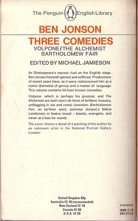 Ben Jonson  THREE COMEDIES: VOLPONE/ THE ALCHEMIST/ BARTHOLOMEW FAIR magnified rear book cover image