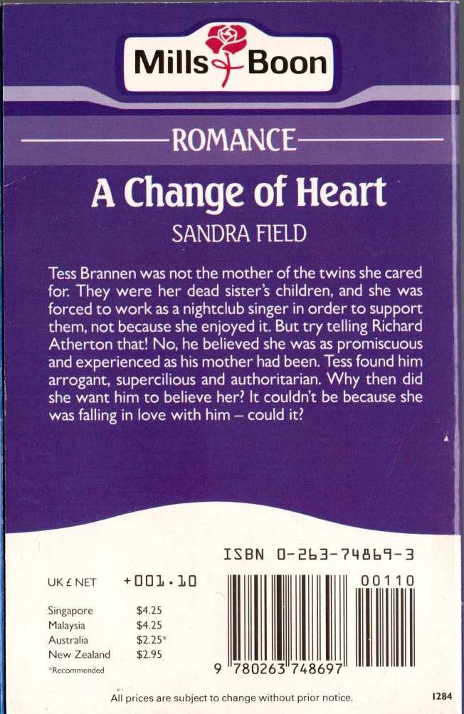 Sandra Field  A CHANGE OF HEART magnified rear book cover image