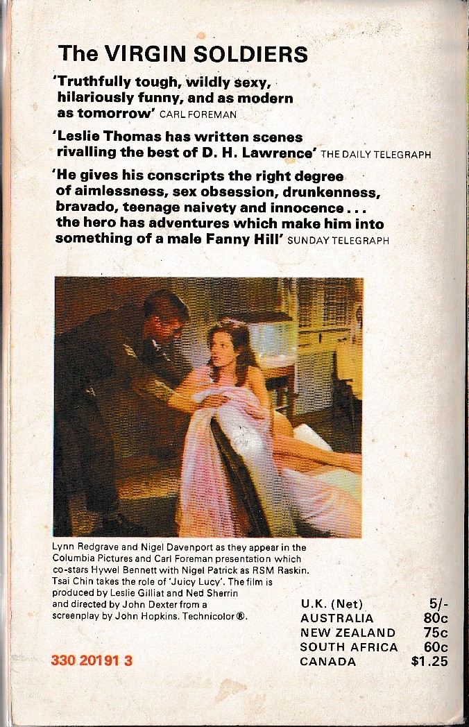 Leslie Thomas  THE VIRGIN SOLDIERS (Lynn Redgrave & Nigel Davenport) magnified rear book cover image