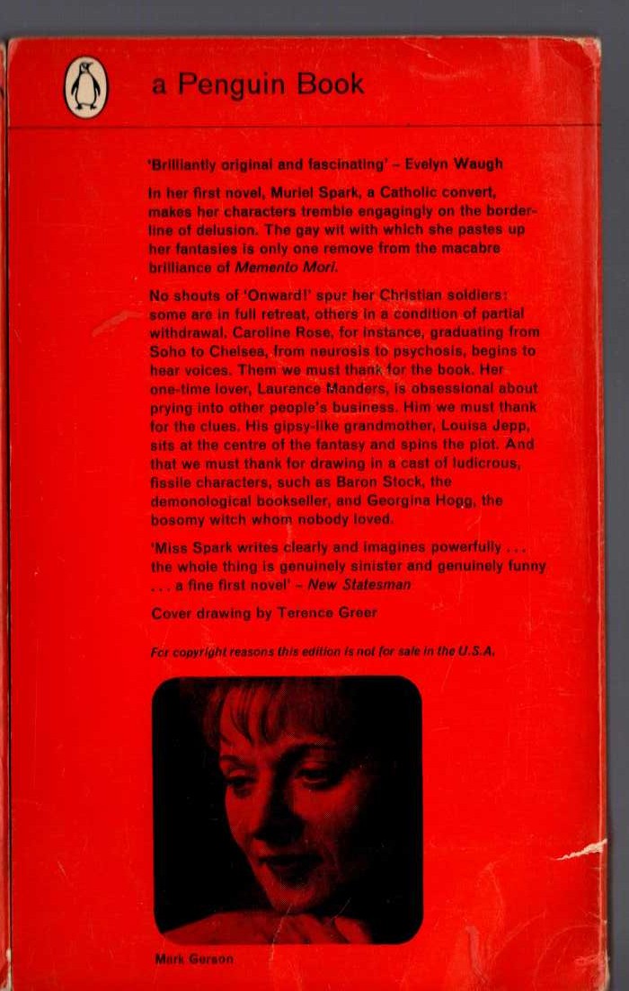 Muriel Spark  THE COMFORTERS magnified rear book cover image