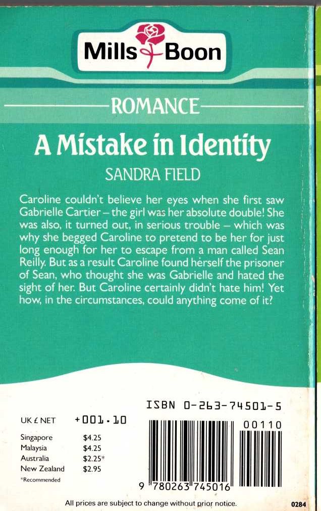Sandra Field  A MISTAKE IN IDENTITY magnified rear book cover image