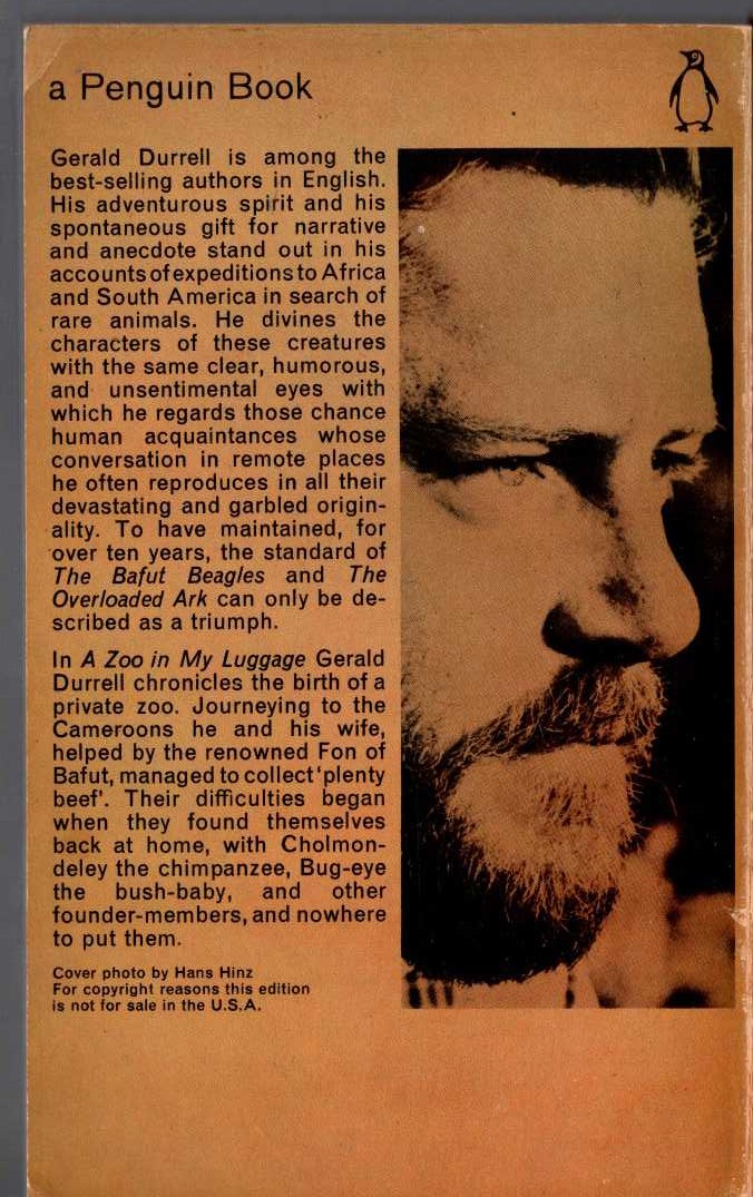 Gerald Durrell  A ZOO IN MY LUGGAGE magnified rear book cover image