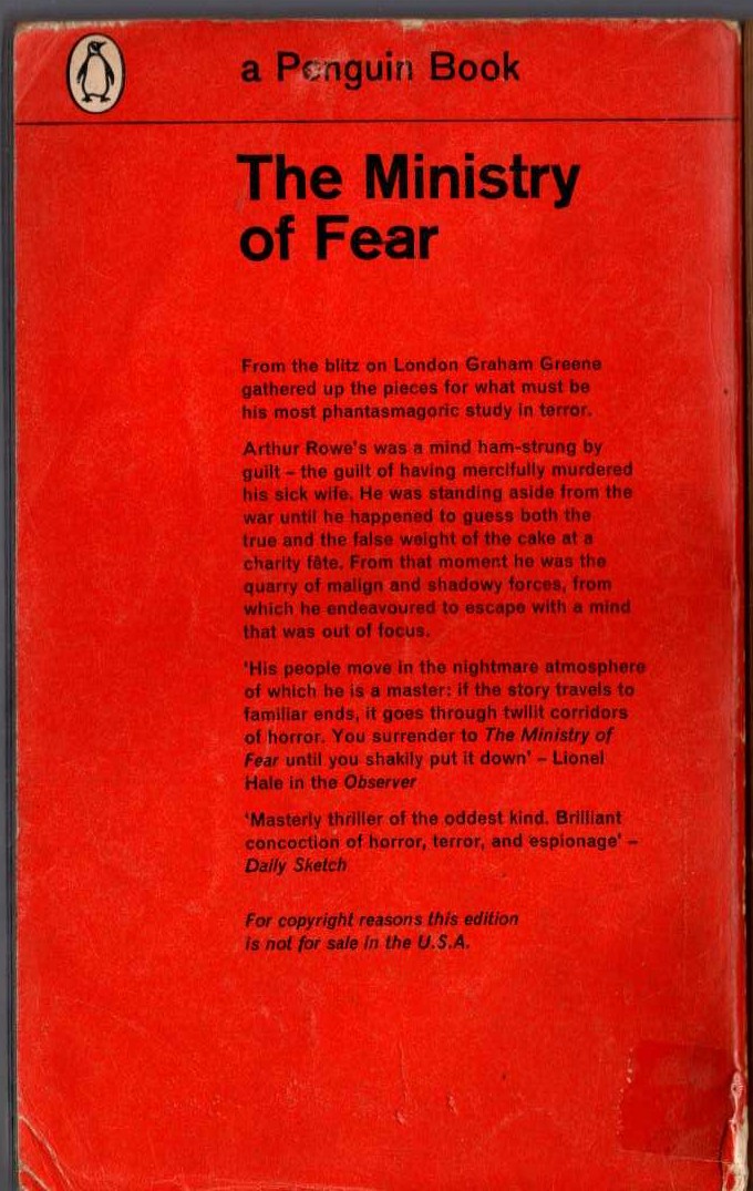 Graham Greene  THE MINISTRY OF FEAR magnified rear book cover image