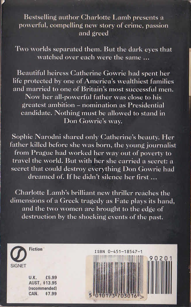 Charlotte Lamb  WALKING IN DARKNESS magnified rear book cover image