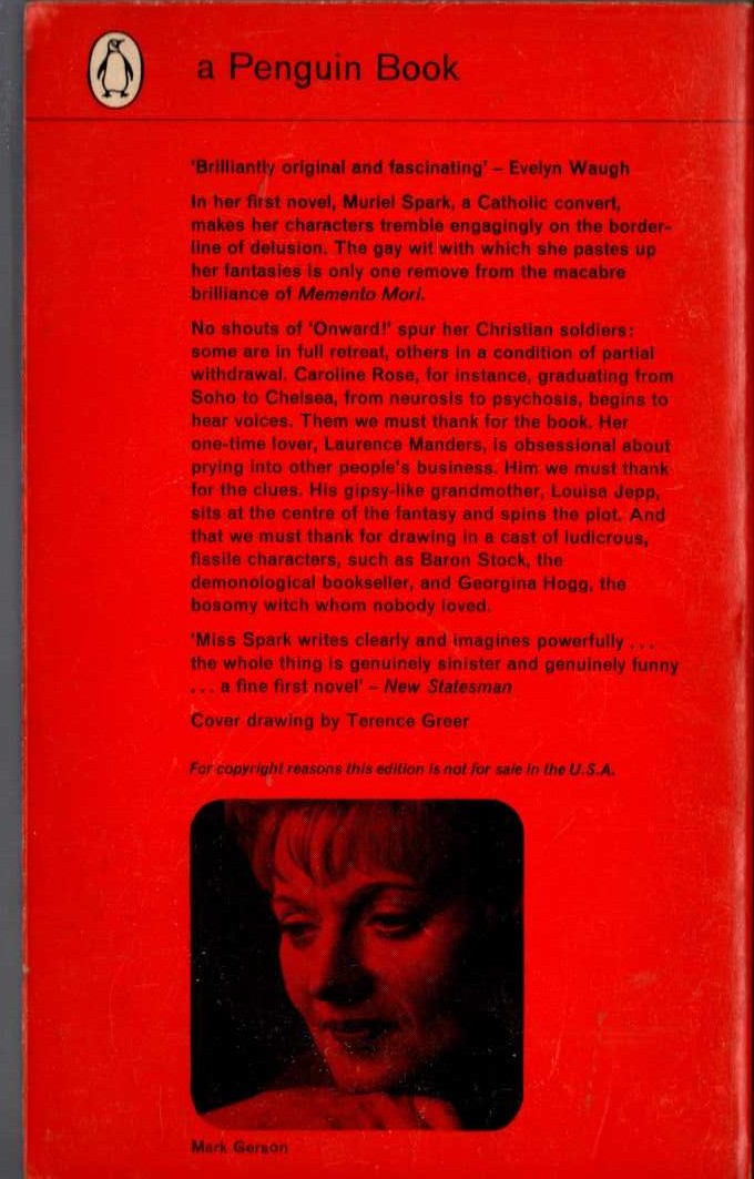 Muriel Spark  THE COMFORTERS magnified rear book cover image