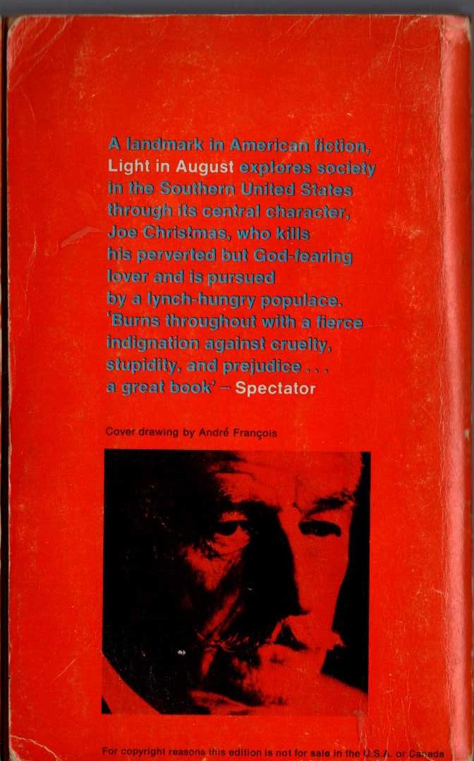 William Faulkner  LIGHT IN AUGUST magnified rear book cover image
