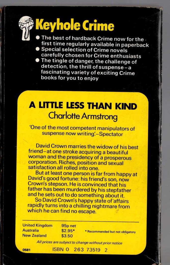 Charlotte Armstrong  A LITTLE LESS THAN KIND magnified rear book cover image