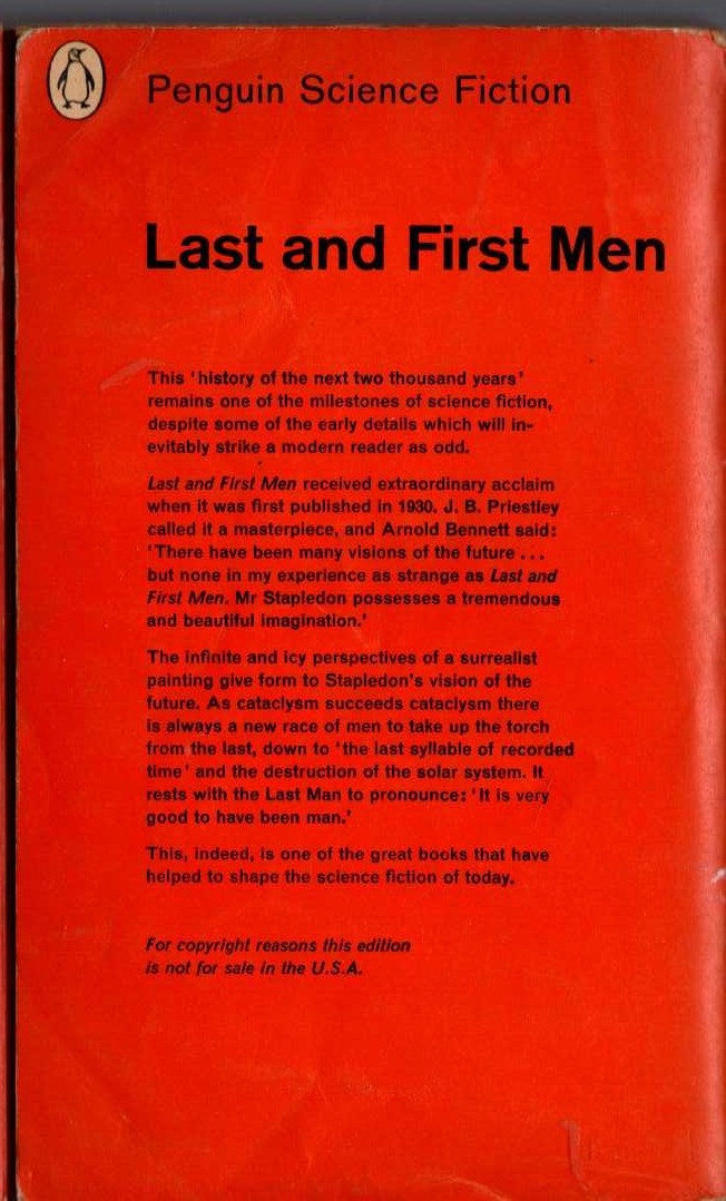 Olaf Stapledon  LAST AND FIRST MEN magnified rear book cover image