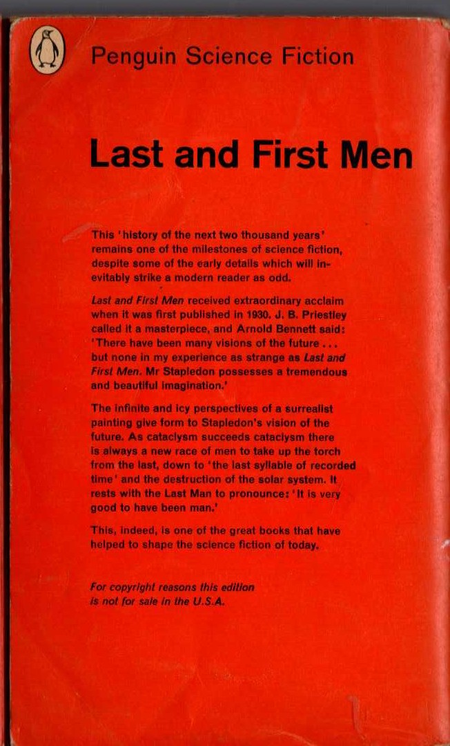 Olaf Stapledon  LAST AND FIRST MEN magnified rear book cover image