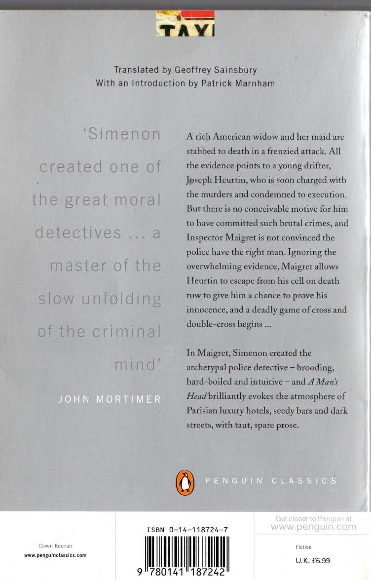 Georges Simenon  A MAN'S HEAD magnified rear book cover image