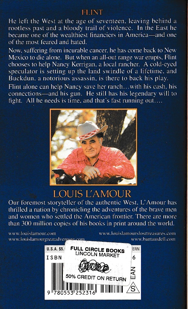 Louis L'Amour  FLINT magnified rear book cover image