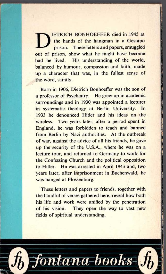 Dietrich Bonhoeffer  LETTERS AND PAPERS FROM PRISON magnified rear book cover image