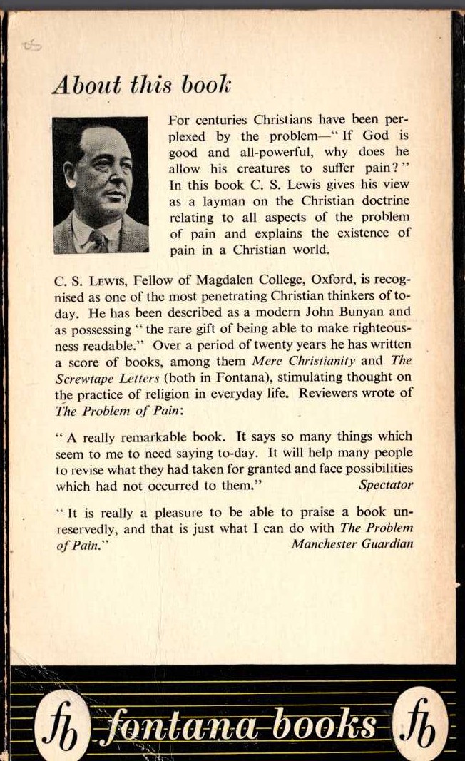 C.S. Lewis  THE PROBLEM OF PAIN magnified rear book cover image