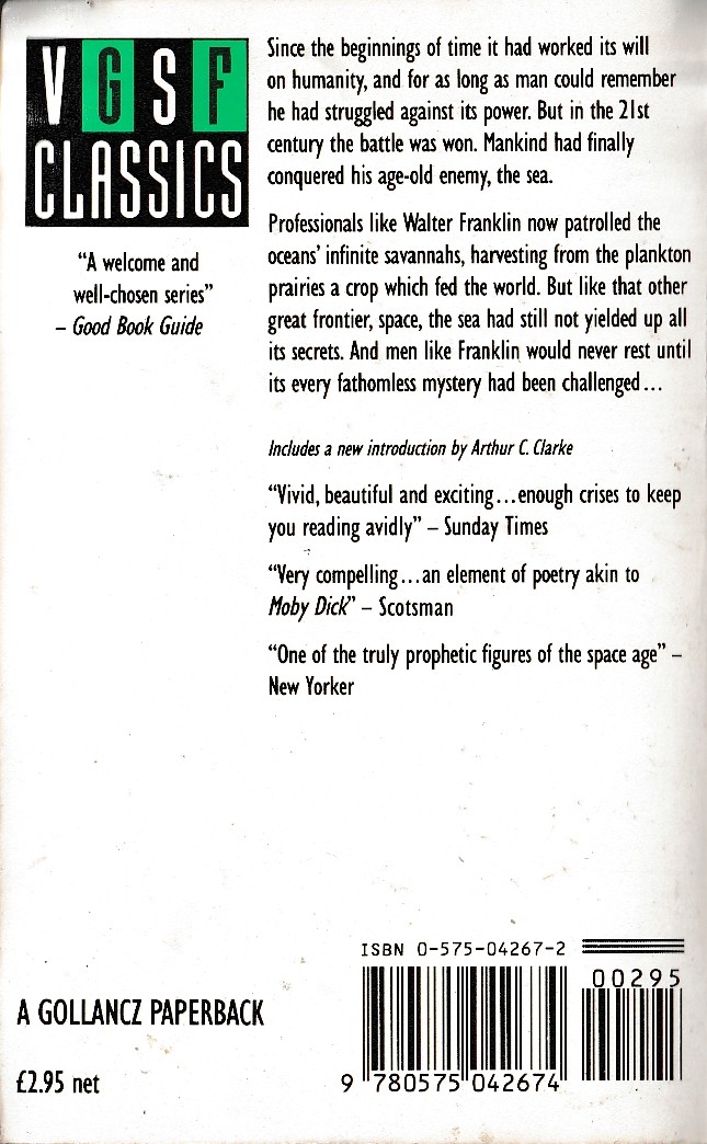 Arthur C. Clarke  THE DEEP RANGE magnified rear book cover image