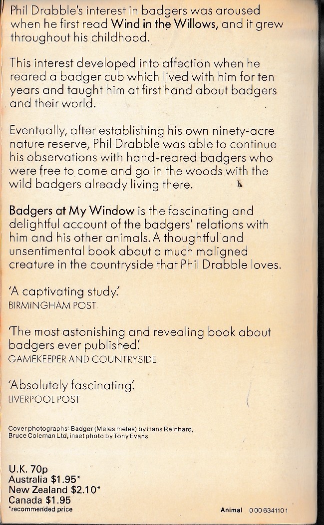 Phil Drabble  BADGERS AT MY WINDOW magnified rear book cover image