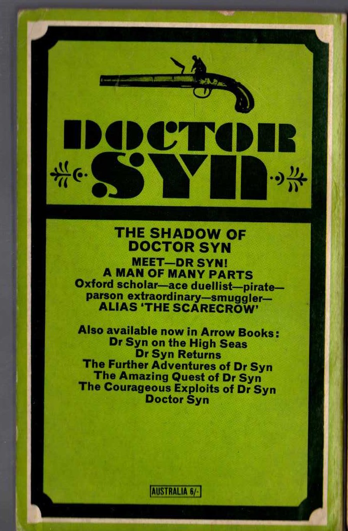 Russell Thorndike  THE SHADOW OF DOCTOR SYN magnified rear book cover image