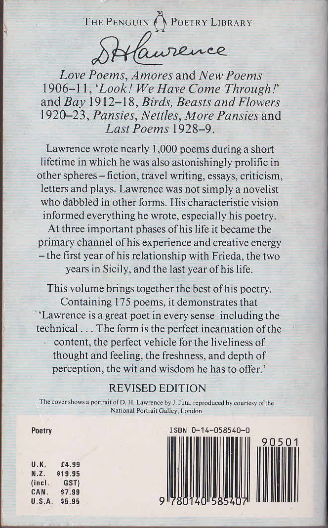 Keith Sagar (selects_and_introduces) D.H.LAWRENCE POEMS magnified rear book cover image