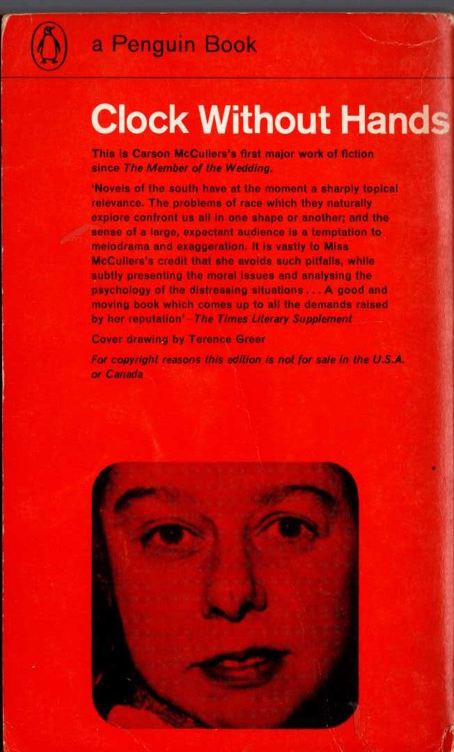 Carson McCullers  CLOCK WITHOUT HANDS magnified rear book cover image