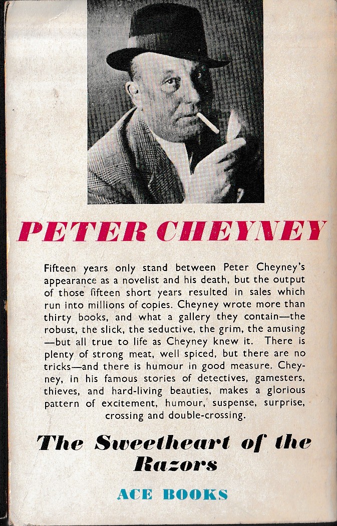 Peter Cheyney  THE SWEETHEART OF THE RAZORS magnified rear book cover image