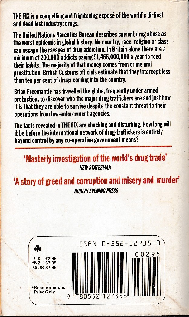Brian Freemantle  THE FIX (inside story of the world drug trade) magnified rear book cover image