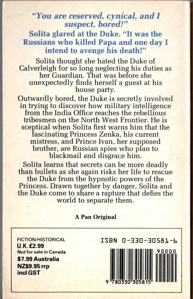 Barbara Cartland  SOLITA AND THE SPIES magnified rear book cover image