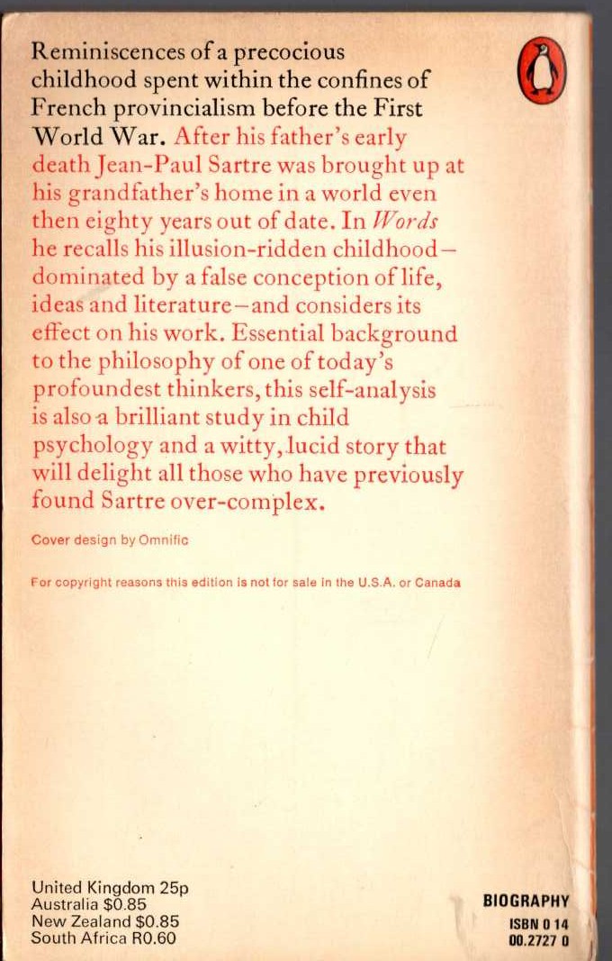 Jean-Paul Sartre  WORDS magnified rear book cover image
