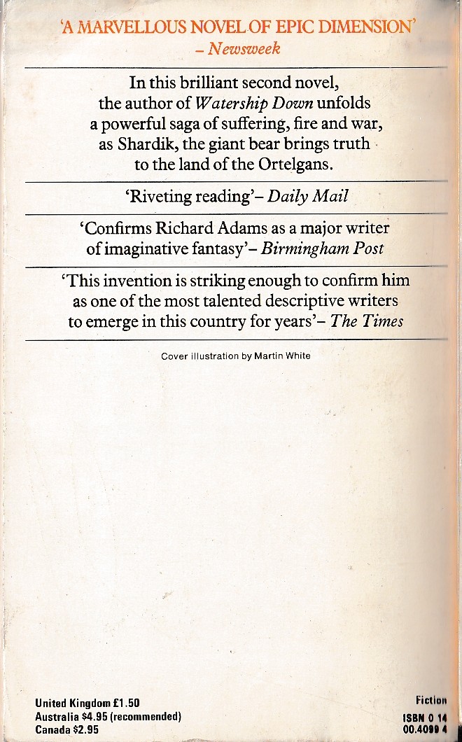 Richards Adams  SHARDIK magnified rear book cover image