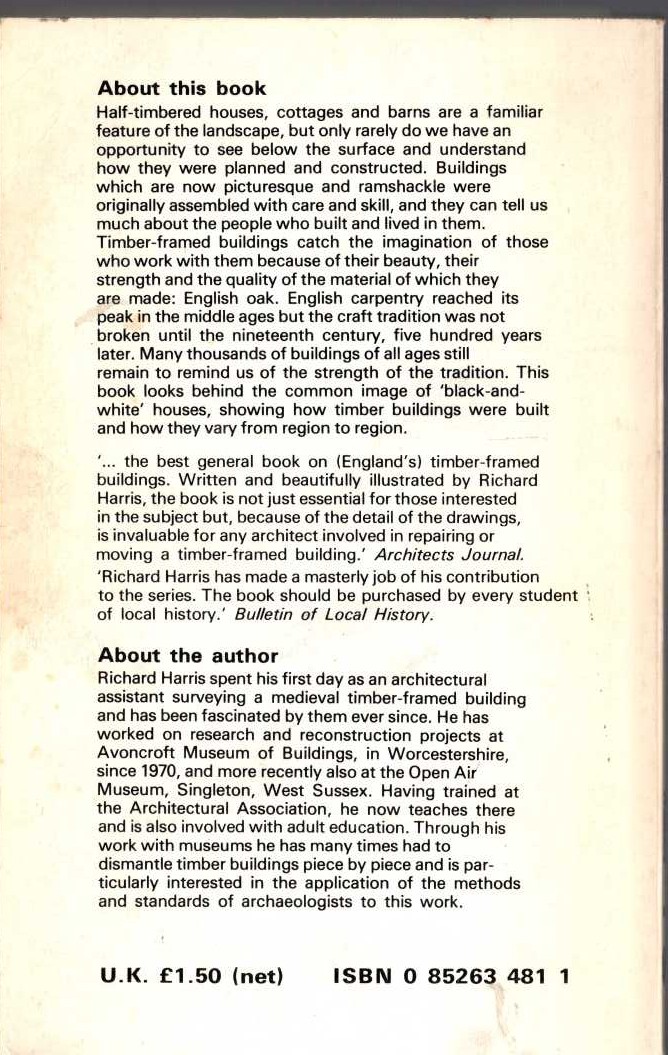 Richard Harris  DISCOVERING TIMBER-FRAMED BUILDINGS magnified rear book cover image