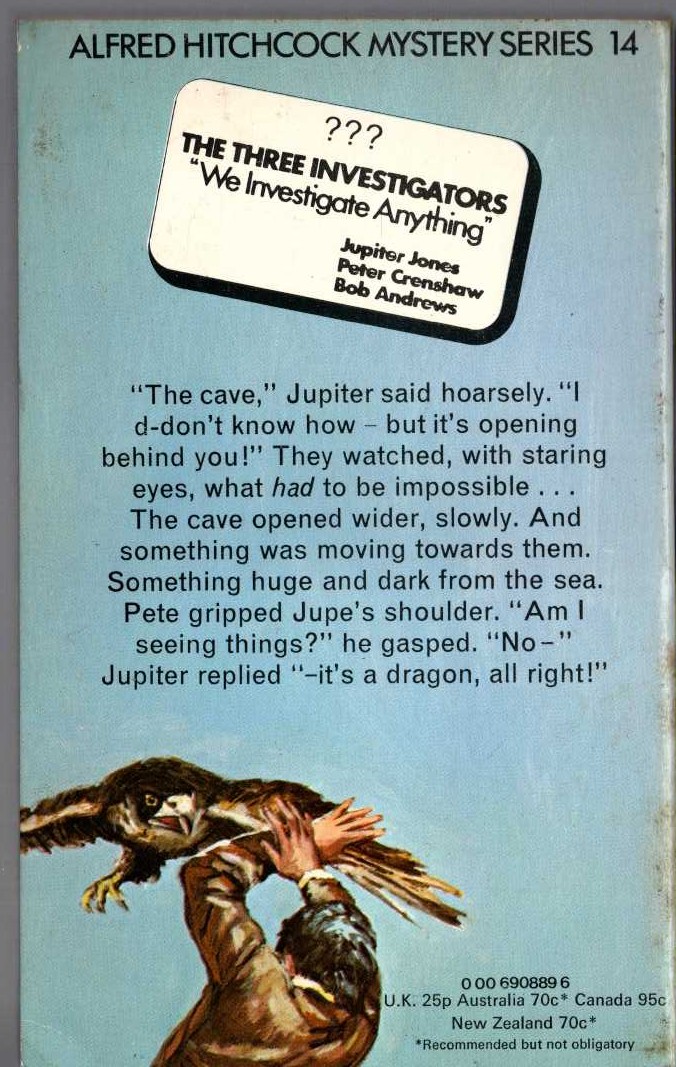 Alfred Hitchcock (introduces_The_Three_Investigators) THE MYSTERY OF THE COUGHING DRAGON magnified rear book cover image