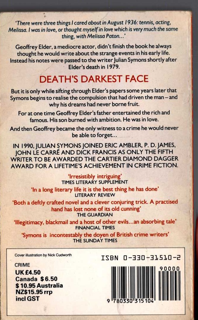 Julian Symons  DEATH'S DARKEST FACE magnified rear book cover image