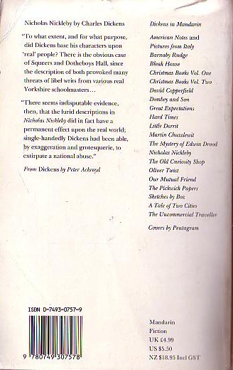 Charles Dickens  NICHOLAS NICKLEBY magnified rear book cover image