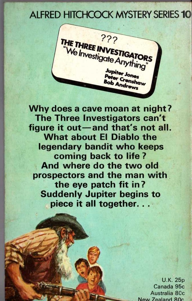 Alfred Hitchcock (introduces_The_Three_Investigators) THE MYSTERY OF THE MOANING CAVE magnified rear book cover image
