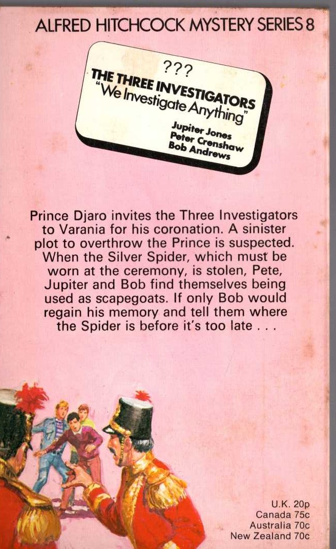 Alfred Hitchcock (introduces_The_Three_Investigators) THE MYSTERY OF THE SILVER SPIDER magnified rear book cover image
