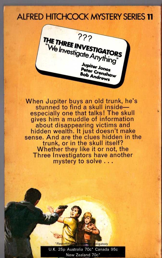 Alfred Hitchcock (introduces_The_Three_Invesitgators) THE MYSTERY OF THE TALKING SKULL magnified rear book cover image